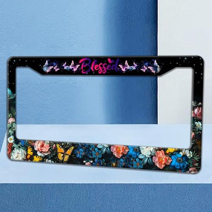 Blessed License Plate Frame Butterfly Flowers License Plate Holder 6x12 in (Blessed Butterfly Flowers)