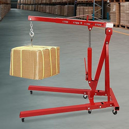 Folding Engine Crane 2 Ton Folding Engine Hoist 4400lbs Crane Hoist Lift with 6 Iron Caster Wheels for Garage (Red-A / 2T-4400lbs)