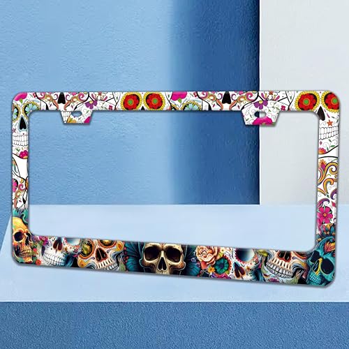 Sugar Skull License Plate Frame Skeleton License Plate Holder 6x12 Inch (Sugar Skull)
