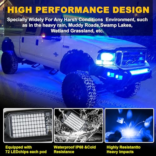 4Pods Pure Blue LED Rock Lights 72w high Power Rock Lights Neon Underglow Light for Car Trucks ATV UTV SUV Boat Underbody Glow Trail Rig Light IP68 Waterproof (Pure blue rock lights - 4 pack)