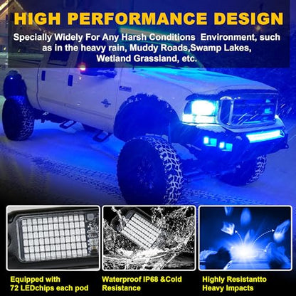 4Pods Pure Blue LED Rock Lights 72w high Power Rock Lights Neon Underglow Light for Car Trucks ATV UTV SUV Boat Underbody Glow Trail Rig Light IP68 Waterproof (Pure blue rock lights - 4 pack)