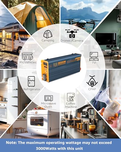 3000W Pure Sine Wave Power Inverter DC 12V to 110V 120V with Fast Charging Type (3000W- 12V)