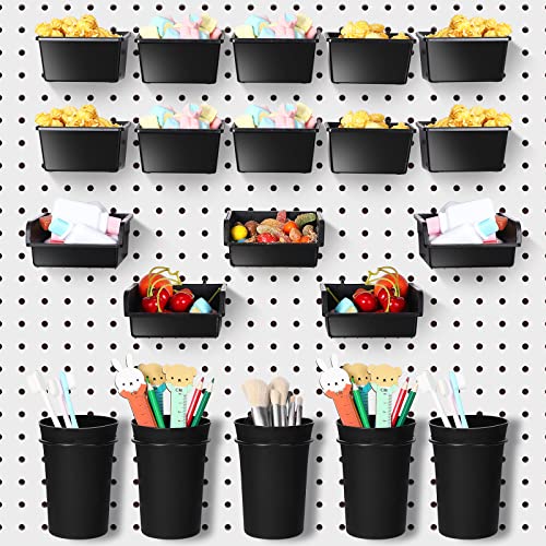 20 Pcs Pegboard Bins and Cups Accessories with Hooks (Black)