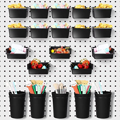 20 Pcs Pegboard Bins and Cups Accessories with Hooks (Black)