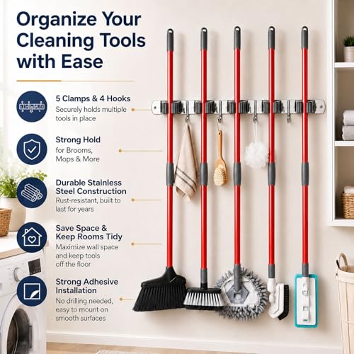 5 Racks and 4 Hooks Mop and Broom Holder Wall Mount (5 Racks 4 Hooks / Silver)