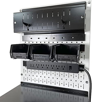 Power Tool Storage Organizer Kit Cordless Drill Holder Charging Station Rack 16” x 32” Metal Pegboard Organization System (White Pegboard)