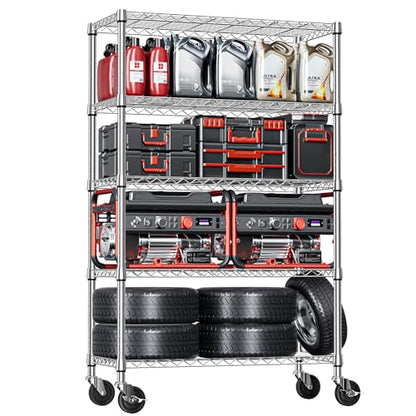5 Tier Storage Shelving Unit with Wheels (5 Tier, 17.7" D x 47.2" W x 76.7" H / Chrome)