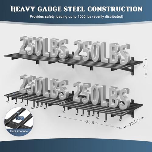 4 Pack Wall Mounted Garage Shelving with 16 Hooks (4 pack-2x3ft)