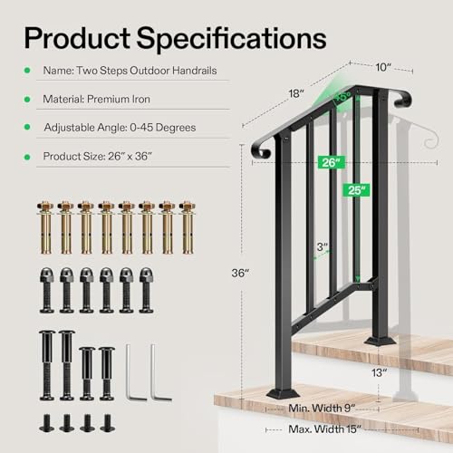 2 Step Railing 26"x36" 2 Pack Wrought Iron with Curved & Balusters (Black / 2 Steps)