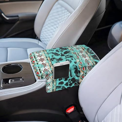 Aztec Cow Print Teal Auto Center Console Armrest Cover Arm Rest Seat Box Protective Cover with Side Storage Pockets Comfortable Middle Console Pad for Car Side Storage Box (Aztec Cow Print Teal)
