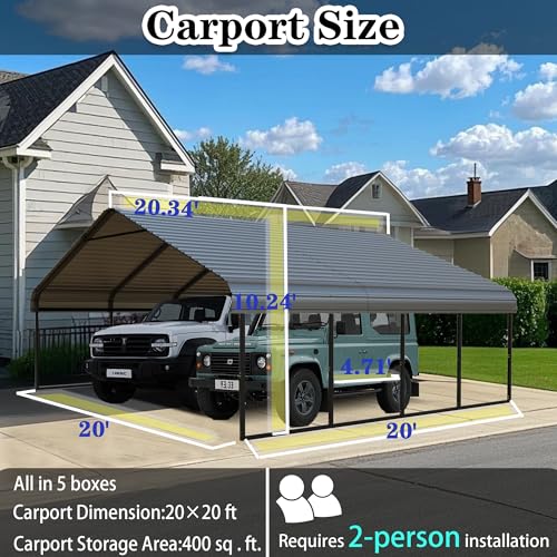 Heavy Duty Metal Carport 20x20 FT Galvanized Steel Carport Shelter for 2 Car Extra Large Canopy for Dual Vehicle (20x20 FT)
