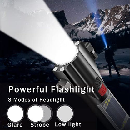 All-in-1 Car Safety Hammer, Multi-Function Emergency Escape Hammer with Window Breaker and Seatbelt Cutter, Mobile Power, LED Flashlight, Alarm Rescue, Strobe SOS Beacon (Metallic)