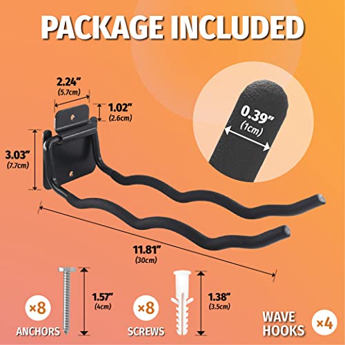 4 Pack 12 Inch Wave Garage Hooks Wall Mount Hangers