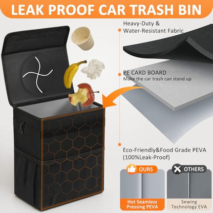 Car Trash Can with Lid Leak Proof Car Accessories for Women (2.2 Gallons / Black)