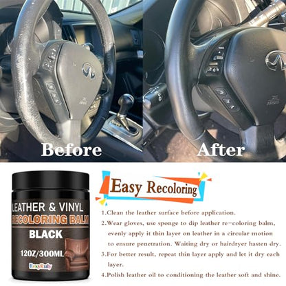 Leather Recoloring Balm Black Leather Dye Vinyl Paint Car Interior Seat Furniture Conditioner Couch Recliner Boots Jacket Shoes Handbag Purse Belt Color Restorer Fade Wear Scratch Remover Repair Kit (Black)