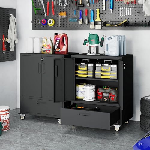 Metal Storage Cabinet for Garage (Black / M - 2 Doors & Drawer (Wheeled))