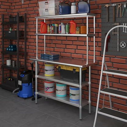 Stainless Steel Work Table with 2 Shelves (18" x 48" Table With 2 Shelves + 12" Overshelf)