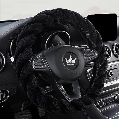 Luxury Fluffy Winter Car Steering Wheel Cover for Women Soft Warm Cute Auto Handle Cover for Jeep (Black / Large Size [15.2-16"] (38.6-40.5cm))