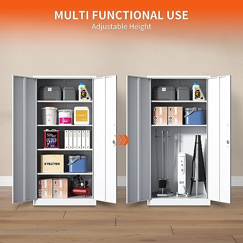 Metal Storage Cabinet for Garage (White / L - 2 Doors & 5 Shelves (Wheelless))