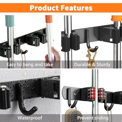 Mop and Broom Holder Wall Mount for Kitchen Laundry Room Decor (Black / 4 Racks with 5 Hooks)
