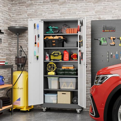 Metal Garage Cabinet with Wheels and Pegboard 71'' x 32'' x 16'' (Grey&white / 16"D x 32"W x 71"H)