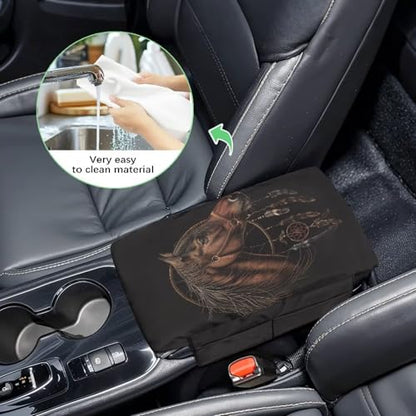 Brown Horse Dream Catcher Auto Center Console Cover Armrest Seat Box Pad Protector with Side Storage Pocket Middle Console Pad Arm Rest Protective Cover Car Interior Protection (Brown Horse Dream Catcher)