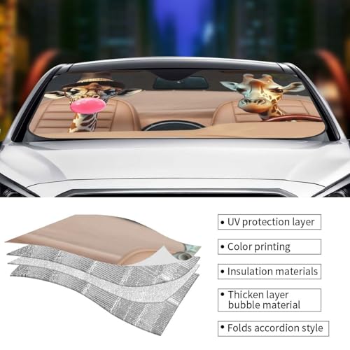 Funny Giraffe Car Sun Shade Windshield Sunshade Foldable Front Window Shield Cover for Truck SUV (Blue3 / Small)