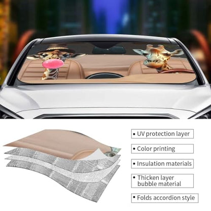 Funny Giraffe Car Sun Shade Windshield Sunshade Foldable Front Window Shield Cover for Truck SUV (Blue3 / Small)
