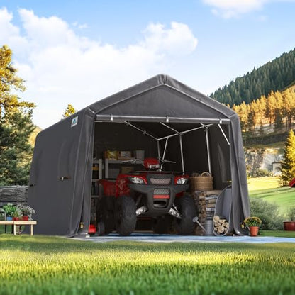 10X15 ft Garage Shelter Steel Metal Peak Roof Portable Storage Shed Carport for Motorcycle Boat (Dark Gray / 10'x15')