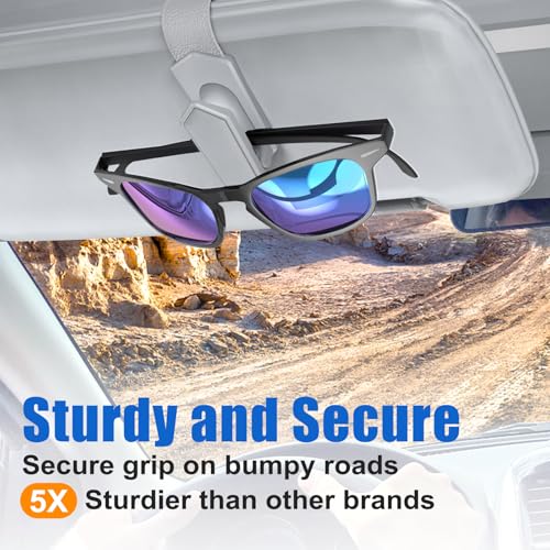 One-Handed-Operation Sunglasses Holder for Car, Visor Sunglass Holder Clip, Car Accessories Interior, Universal Fit Silicone Padded Visor Sunglass Holder Car, Unmatched Durability (2 Pack) (2 Pack / Grey)