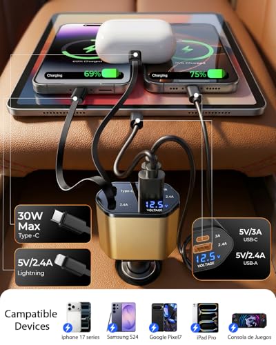 4 in 1 Retractable Car Charger (Gold)