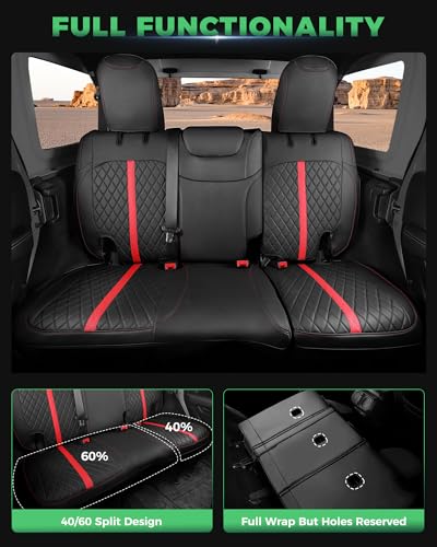 for Jeep Wrangler Leather Custom Car Seat Covers Full Set 4 Door (Black with Red Trim / JL 18-26 4Door Without Rear Cup Holder)