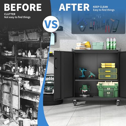Metal Storage Cabinet for Garage (Black / M - 2 Doors (Wheeled))