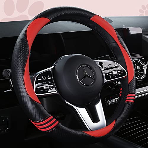 Car Steering Wheel Covers for Women Girl Padded Carbon Fiber PU Leather Cute Cartoon Auto Interior Accessories for Jeep (Red+Black / Large Size[15.2-16"](38.6-40.5cm))