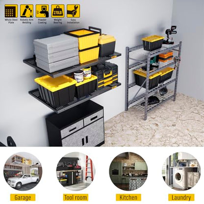 2Pack 2x3ft Adjustable Metal Garage Wall Shelving Heavy Duty Garage Storage Shelf Wall Mounted Black (2x3ft-2Pack / Black)
