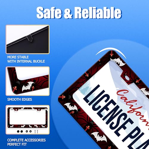 Bats Pattern License Plate Frame Stainless Steel Accessory 12.3x6.3 Inch (Bats Spiders Web)