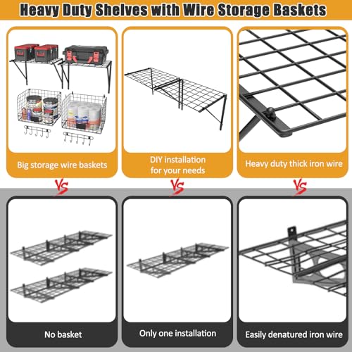 2 Pack Garage Shelves Wall Mounted with Wire Baskets