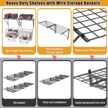 2 Pack Garage Shelves Wall Mounted with Wire Baskets