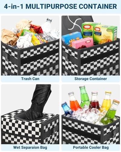 Car Trash Can with Lid (3 Gallons / Black Square Grid)