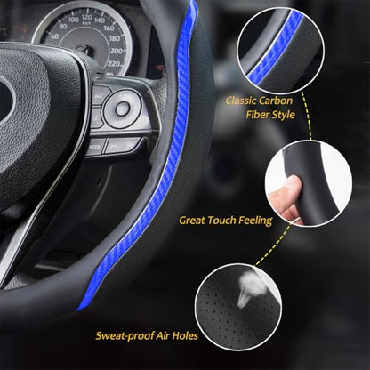 Steering Wheel Cover Blue and Black Leather Universal 14.5 (Medium / Blue)