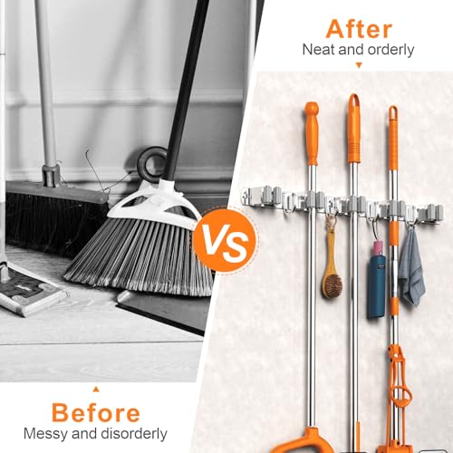 Broom and Mop Organizer Wall Hanging for Laundry Room Organization (Silver / 5 Racks with 4 Hooks)
