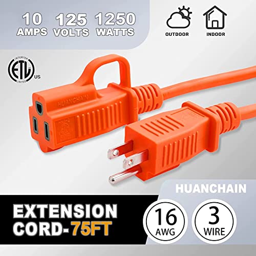 Indoor Outdoor Orange Extension Cord 75 FT Waterproof 16 (75 FT / 16/3 Extension Cord / Orange)