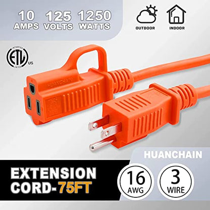 Indoor Outdoor Orange Extension Cord 75 FT Waterproof 16 (75 FT / 16/3 Extension Cord / Orange)