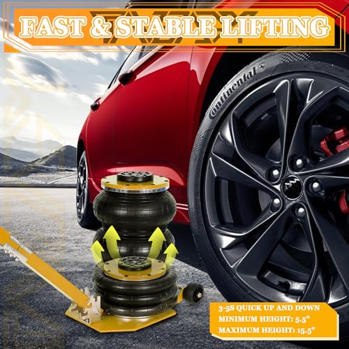 3T Triple Bag Air Jack 6600lbs Pneumatic Jack 3s Fast Lift Up 16in Airbag Jack with Adjustable Long Handle Heavy Duty Triple Air Bag Jack Lift for Cars Garage (3 Ton / yellow)