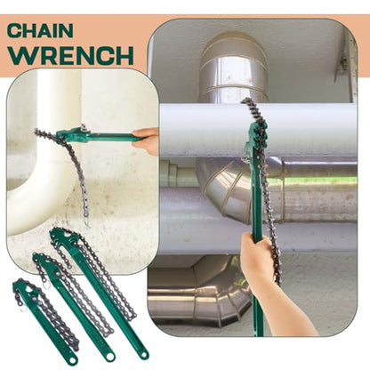 3 Pcs Large Reversible Chain Oil Filter Wrench with 12 16 9 Inch Chain Wrench Adjustable Heavy Duty Carbon Steel Sturdy Pipe Fitting Tool Spanner for Ratcheting Universal (Green)