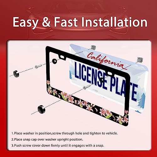 Pink Florals License Plate Frame Stainless Steel Cars Accessory 6.3x12.3In (Pink Lily flower)