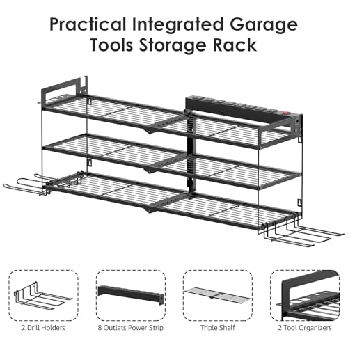 Large Garage Tools Storage with Charging Station. Power Tool Battery Organizer Utility Shelf with Power Strip. 4 Drills Holder Wall Mount Rack (Large / 3 Layer)