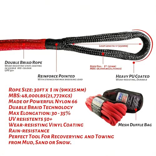 Kinetic Recovery Rope 1“x30' Towing Rope 48 (7/8"x30\' Red)