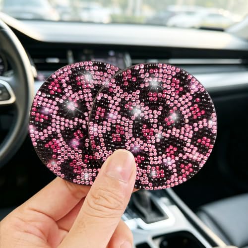 2pcs Bling Leopard Car Coasters (Pink Leopard / 2pcs)