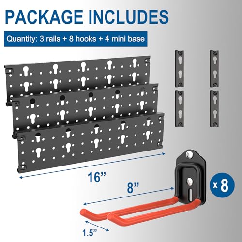 Wall Mount Garage Tool Storage Rack Folding Chair Hangers (8Hooks+3Panels+4MiniBase)
